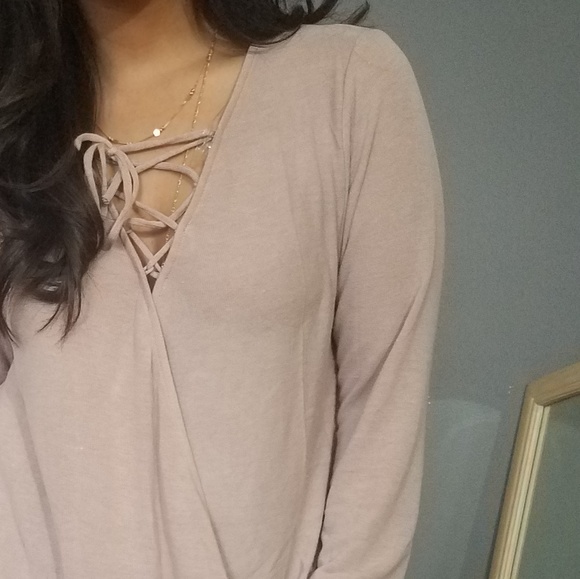 TOUCH OF LACE TAUPE SURPLICE TOP - Picture 5 of 7